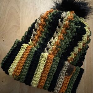 Striped Knit Beanie with Pom Pom